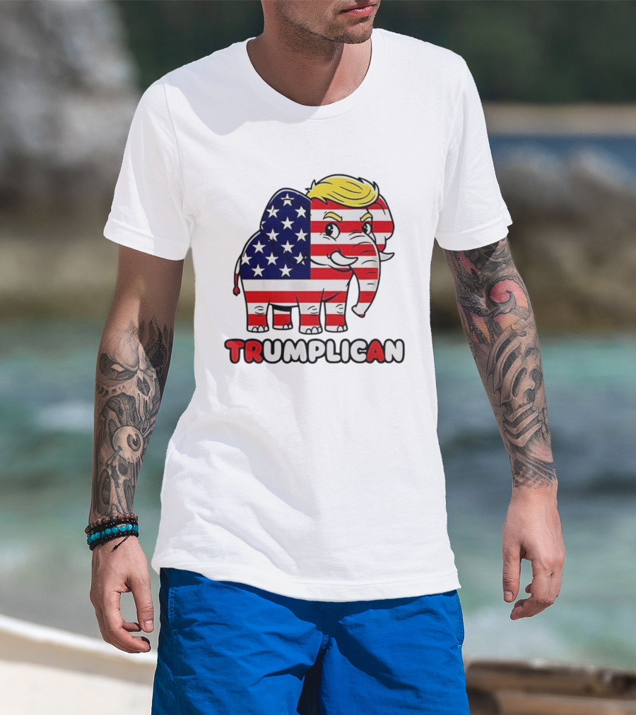 Trumplican American Flag Elephant With Hair And Stars T-Shirt