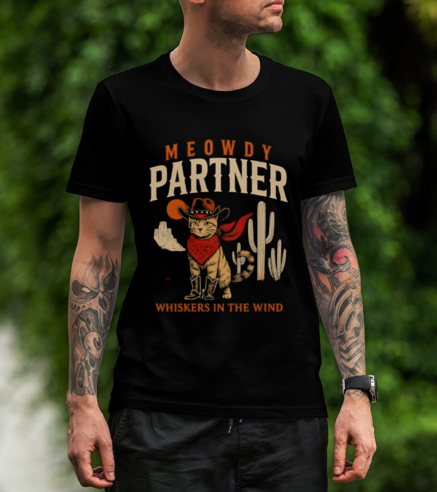 Meowdy Partner Cowboy Cat Western Bandana Wild West Theme T-Shirt