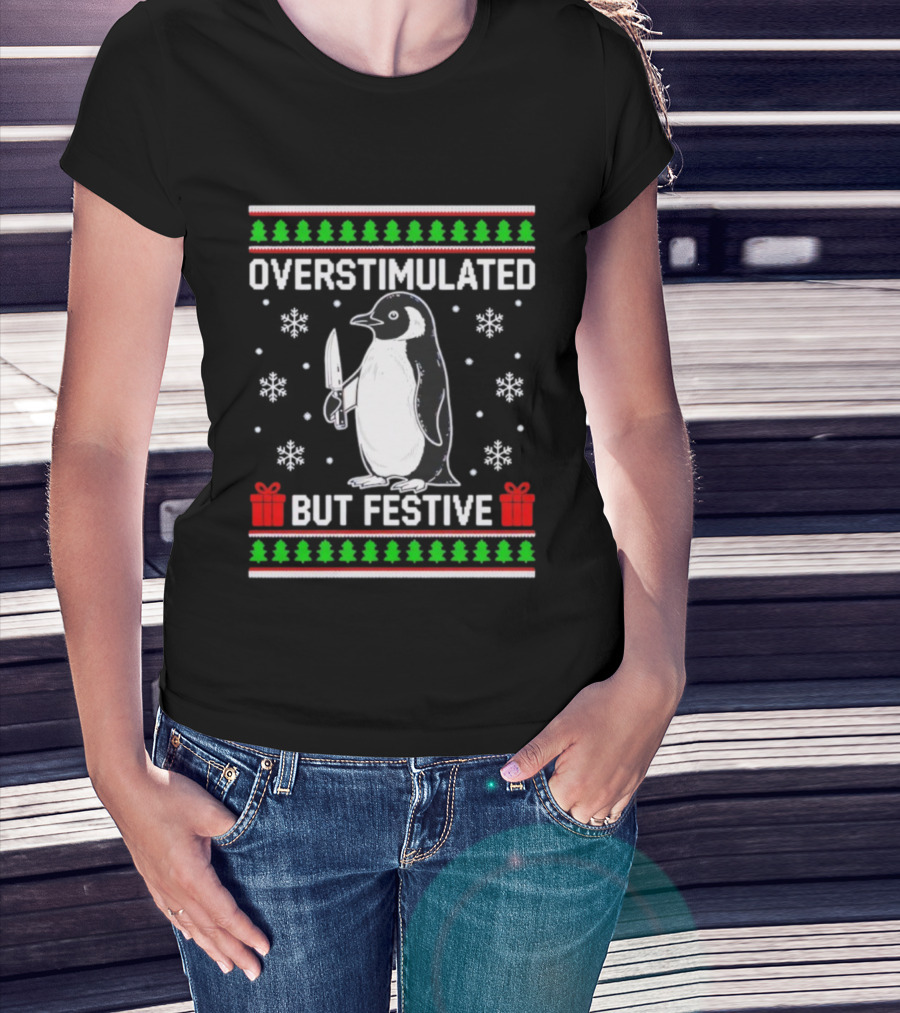 Overstimulated Penguin Christmas Ugly Sweater Festive Knife Snowflakes T-Shirt