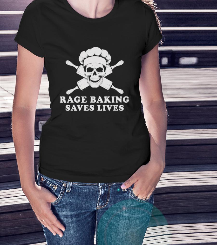 Rage Baking Saves Lives Skull Crossed Rolling Pins Chef Hat T-Shirt