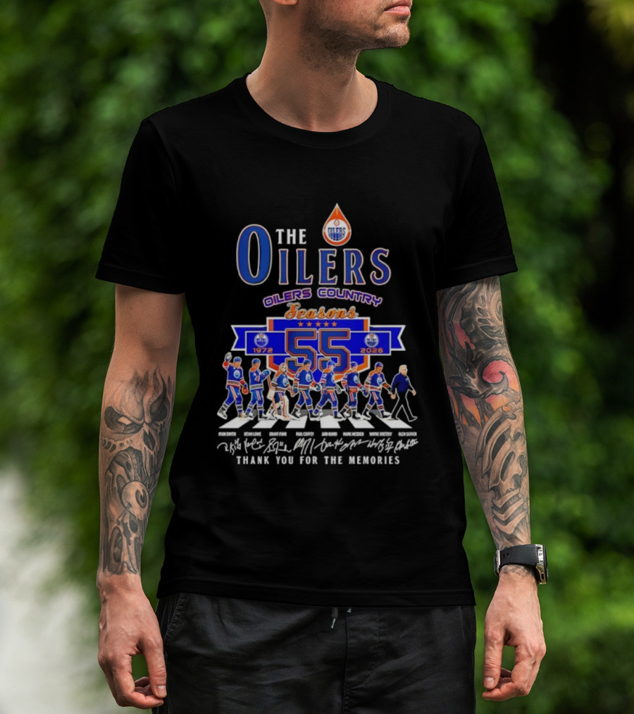 Edmonton Oilers Country 55 Seasons 1972-2026 Signatures Abbey Road Thank You T-Shirt
