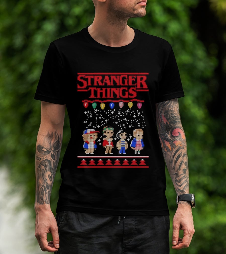 Stranger Things Christmas Characters Pixel Art Holiday Sweater Theme T-Shirt