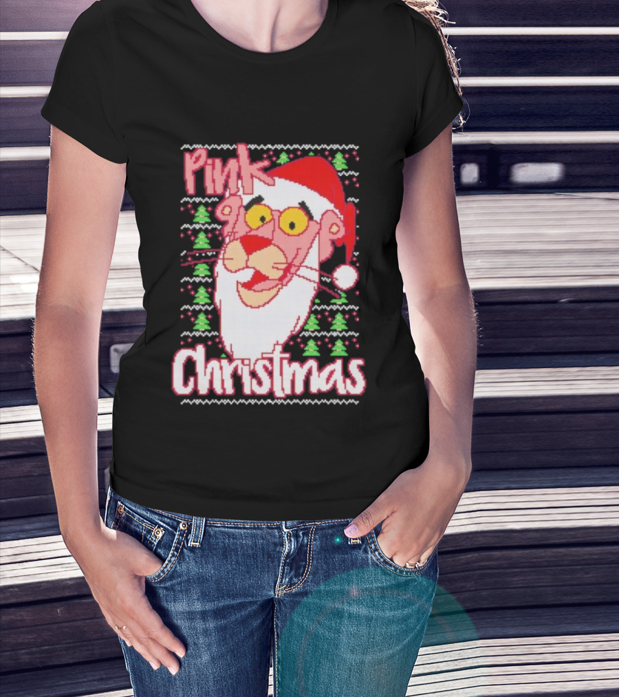 Pink Christmas Ugly Sweater Santa Hat Pink Panther T-Shirt