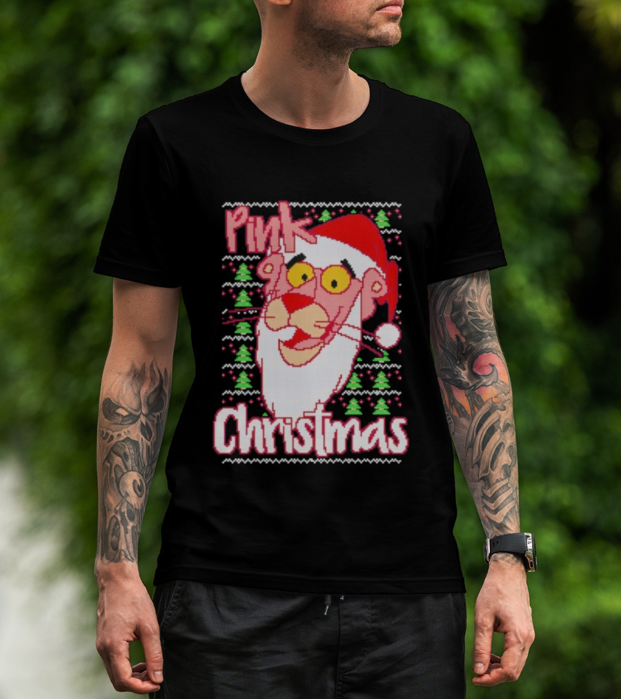 Pink Christmas Ugly Sweater Santa Hat Pink Panther T-Shirt