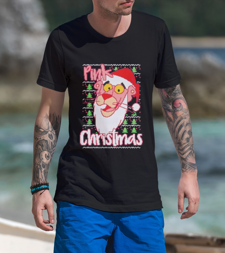Pink Christmas Ugly Sweater Santa Hat Pink Panther T-Shirt