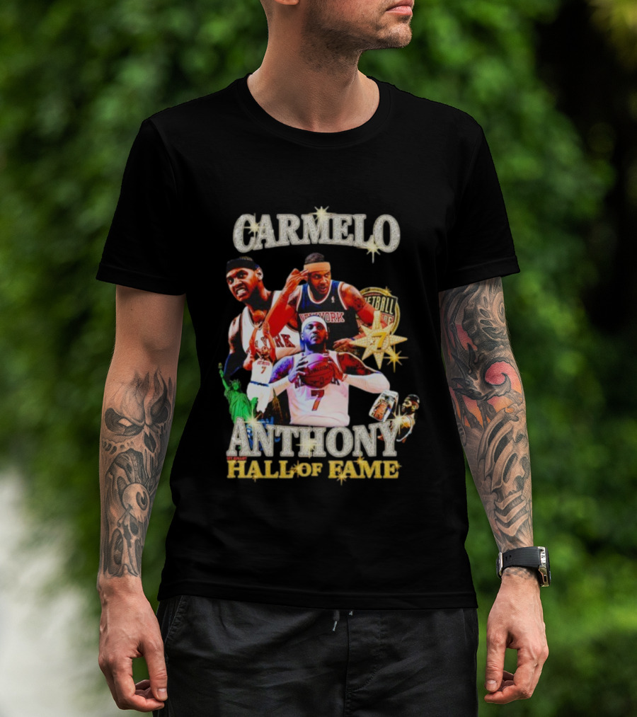 Carmelo Anthony Hall Of Fame New York Knicks Basketball Legend Statue Of Liberty 7 Star Player T-Shirt