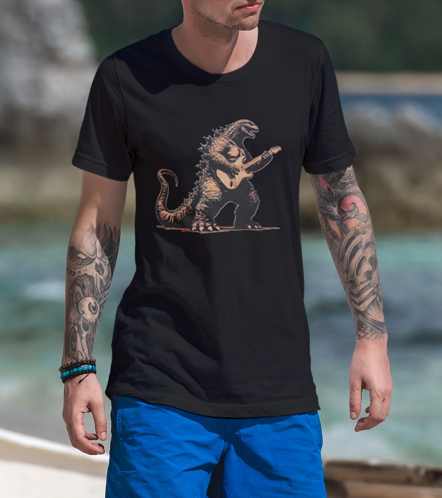 Godzilla Playing Electric Guitar Iconic Monster Image T-Shirt