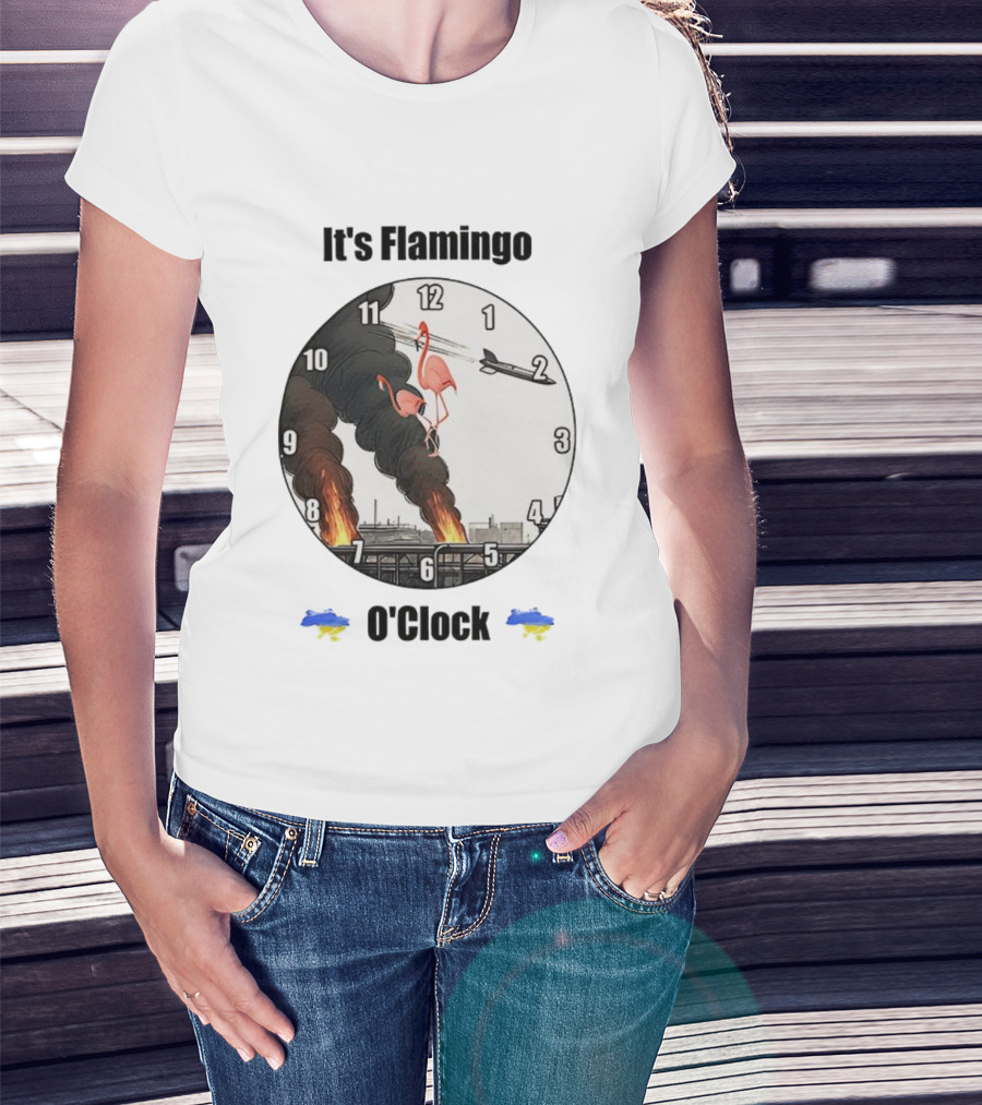 Flamingo O’clock Flamingos On Face With Plane And Fire Imagery T-Shirt