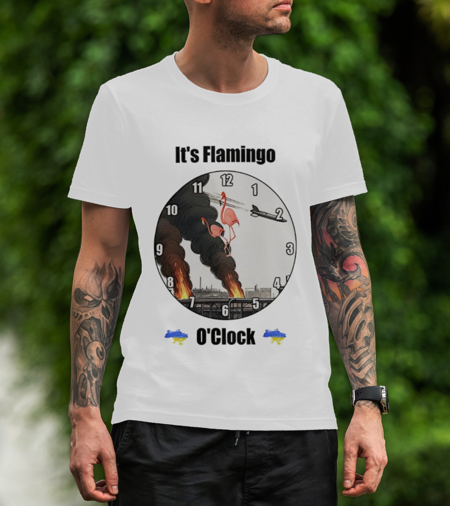 Flamingo O’clock Flamingos On Face With Plane And Fire Imagery T-Shirt