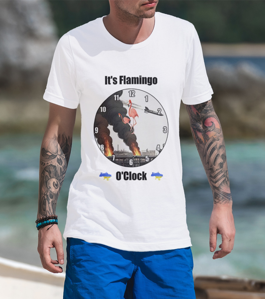 Flamingo O’clock Flamingos On Face With Plane And Fire Imagery T-Shirt