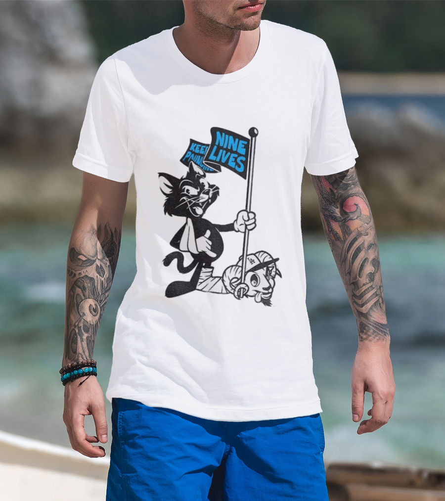 Roaring Riot Nine Lives Keep Pounding Carolina Panthers Beat LA Dodgers Goat T-Shirt