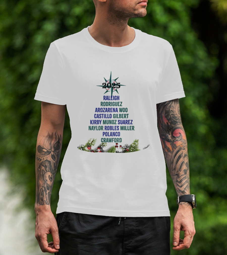 Seattle Mariners Player Names Christmas Tree 2025 Holiday Raleigh Rodriguez Francearlorosscho Suarezeuloogliebsby T-Shirt