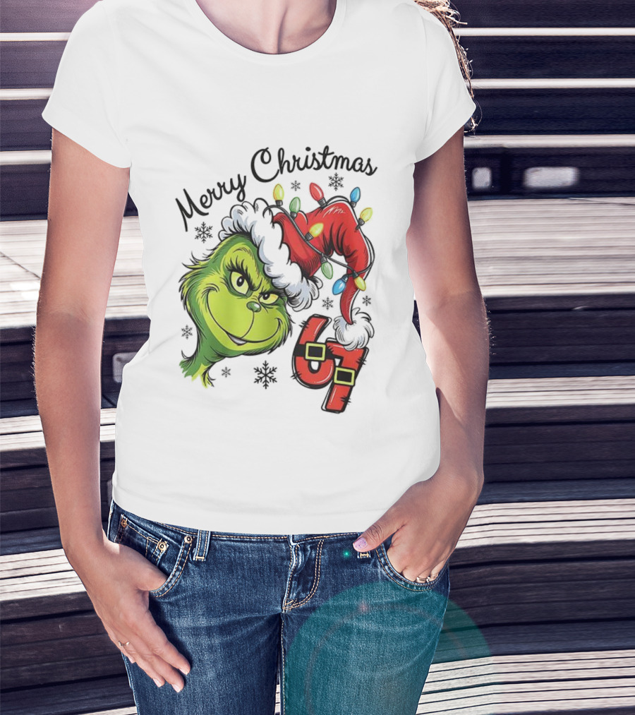 Grinch Merry Christmas 67 Festive Santa Hat Holiday Spirit T-Shirt