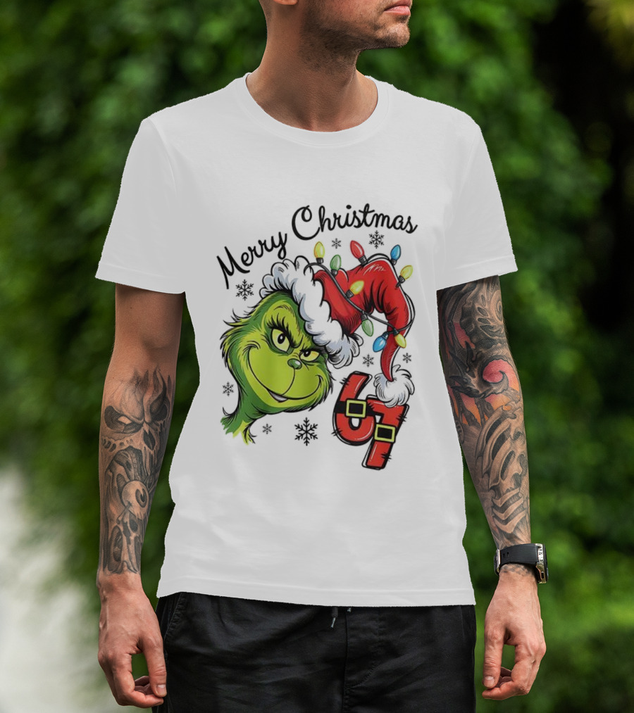 Grinch Merry Christmas 67 Festive Santa Hat Holiday Spirit T-Shirt