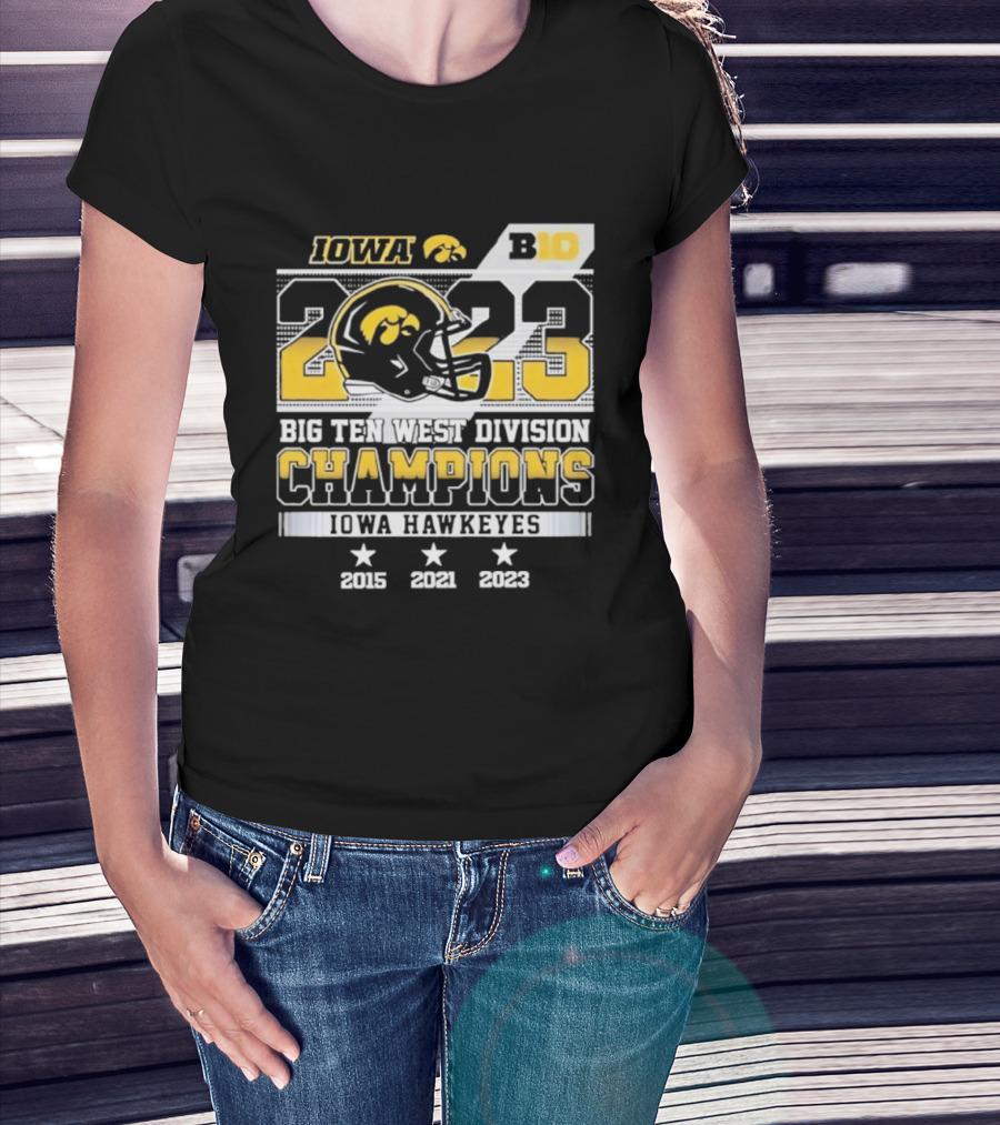 Iowa Hawkeyes Big Ten West Division Champions 2023 Helmet Logo With 2015 2021 Titles T-Shirt