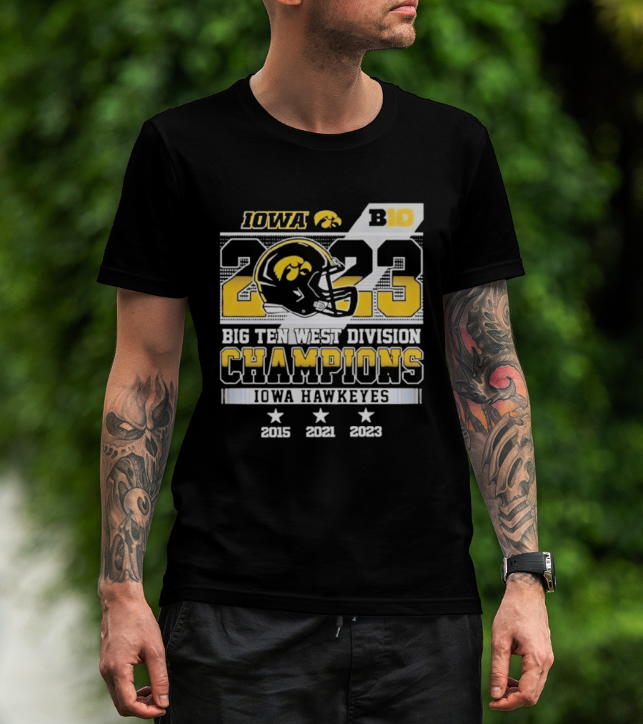 Iowa Hawkeyes Big Ten West Division Champions 2023 Helmet Logo With 2015 2021 Titles T-Shirt