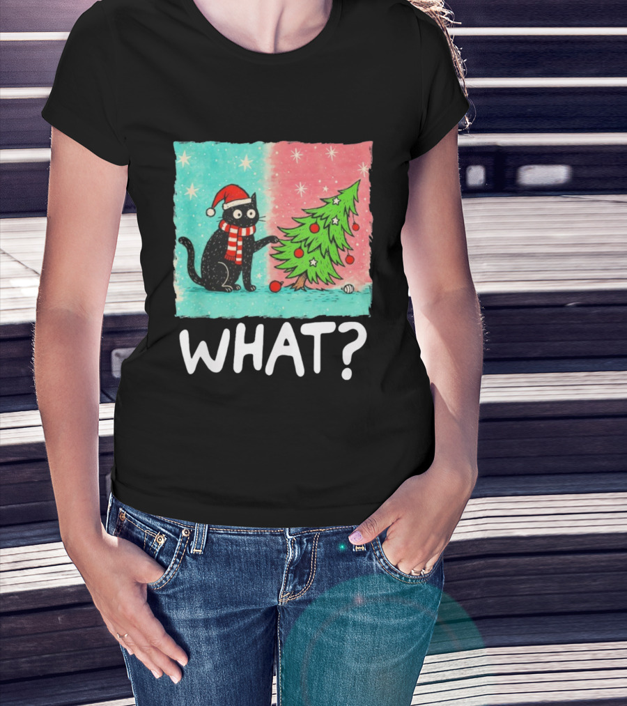 Black Cat Santa Hat Pushing Christmas Tree What T-Shirt