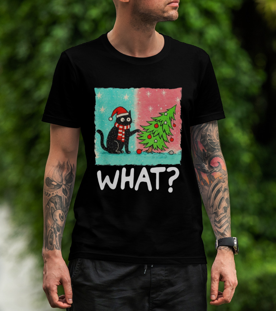 Black Cat Santa Hat Pushing Christmas Tree What T-Shirt