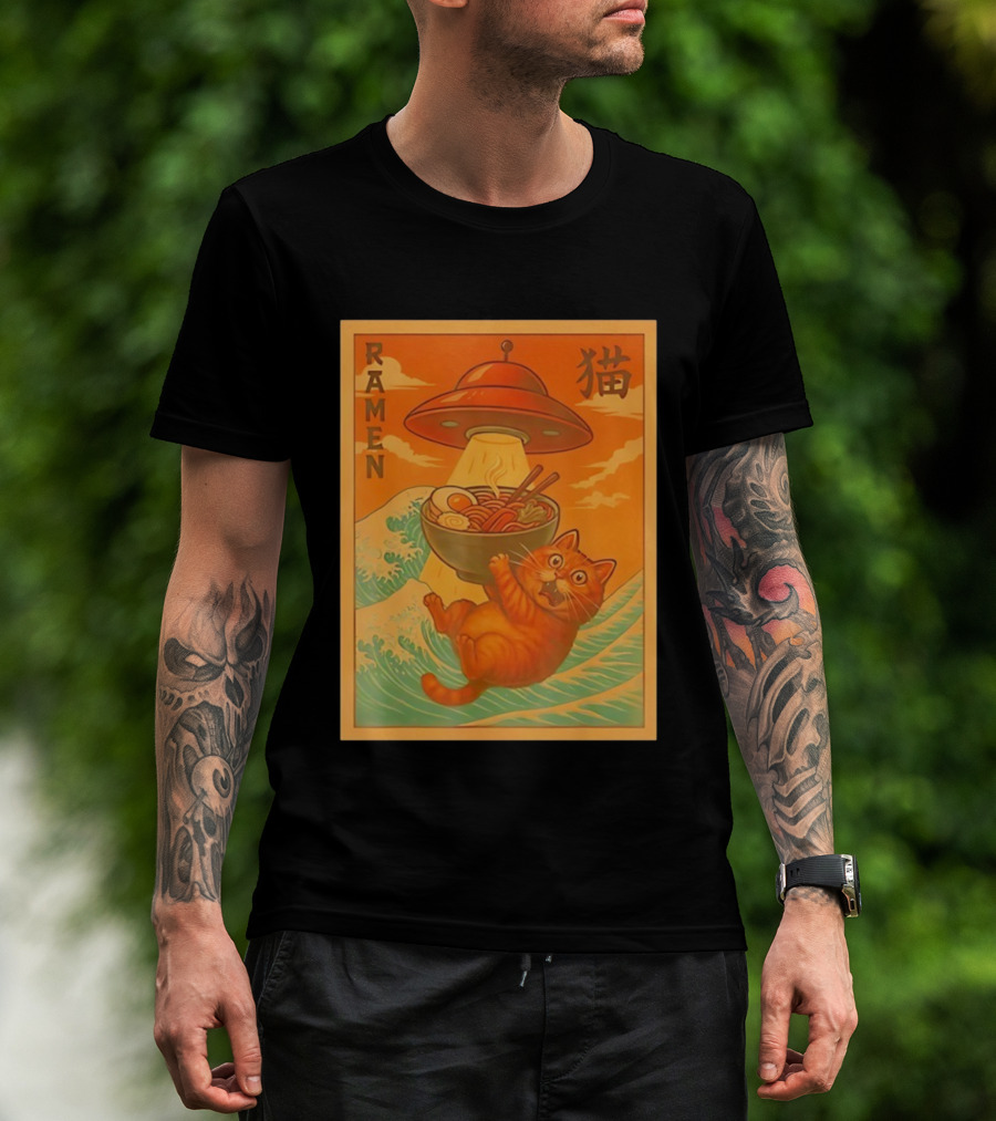 Ramen Cat UFO Funny Japanese Anime Retro Wave Scene T-Shirt