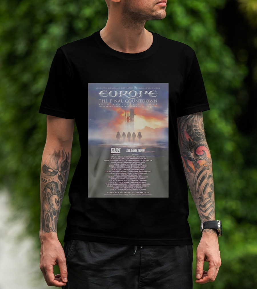 Europe The Final Countdown 40th Anniversary Tour 2026 Featuring Gun And The Damn Truth Live Performances And New Album Release Dates T-Shirt