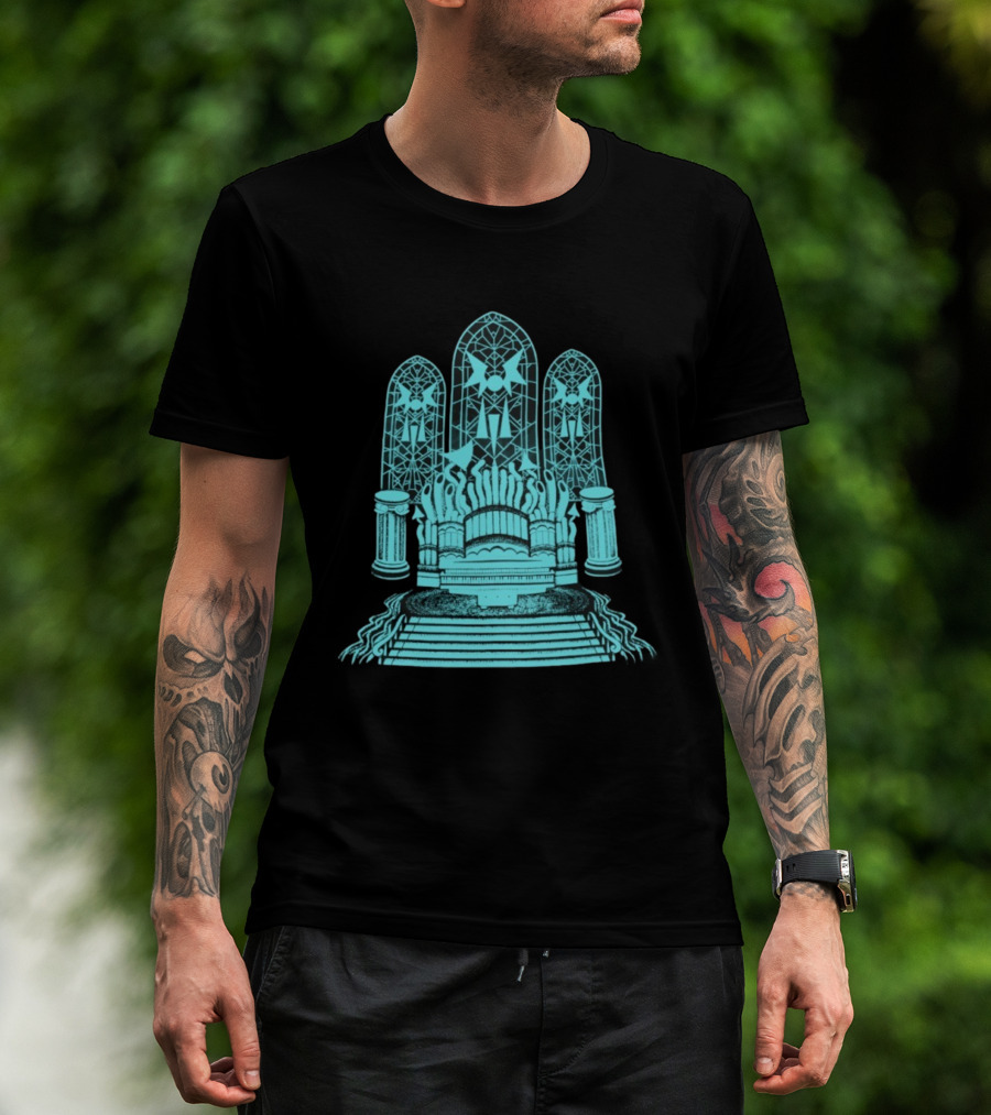 Stained Glass Organ Throne With Gothic Cathedral Window Arches T-Shirt