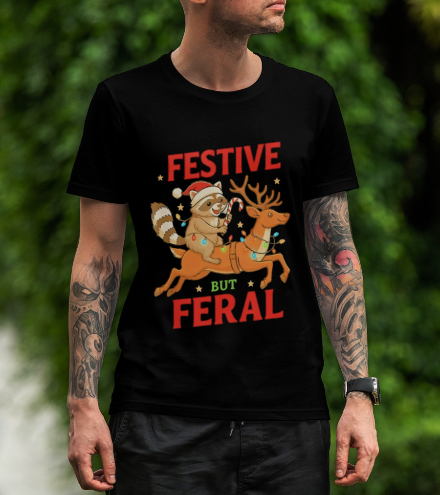 Festive But Feral Christmas Raccoon Reindeer Ride T-Shirt