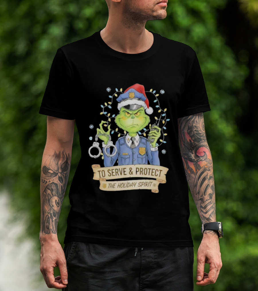 Grinch Police To Serve Protect Holiday Spirit Christmas Lights Handcuffs T-Shirt