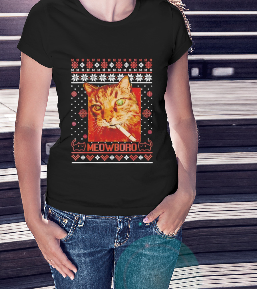 Meowboro Smoking Cat Christmas Ugly Funny Holiday T-Shirt