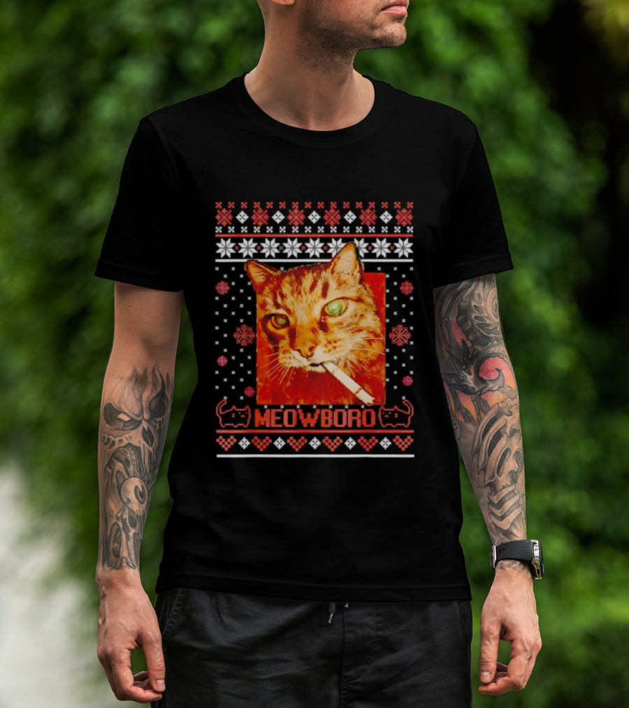 Meowboro Smoking Cat Christmas Ugly Funny Holiday T-Shirt
