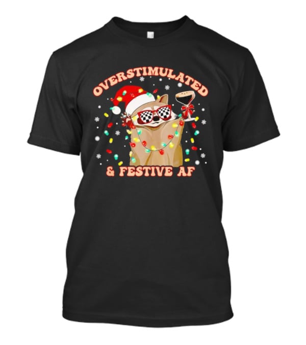 Overstimulated Raccoon Santa Hat And Festive Lights Holding Holiday Drink T-Shirt