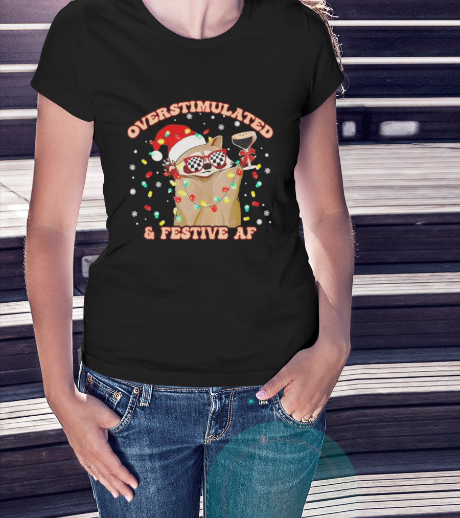 Overstimulated Raccoon Santa Hat And Festive Lights Holding Holiday Drink T-Shirt