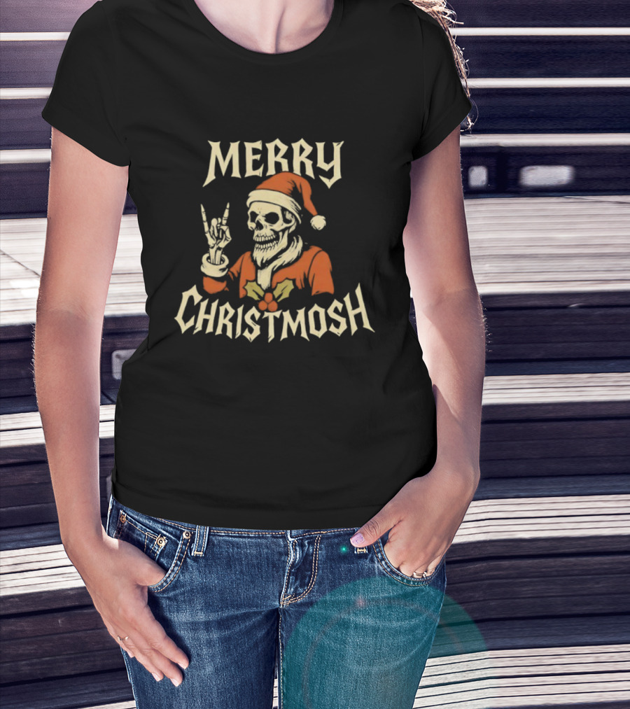 Santa Skeleton Rock And Roll Hand Merry Christmosh Christmas T-Shirt