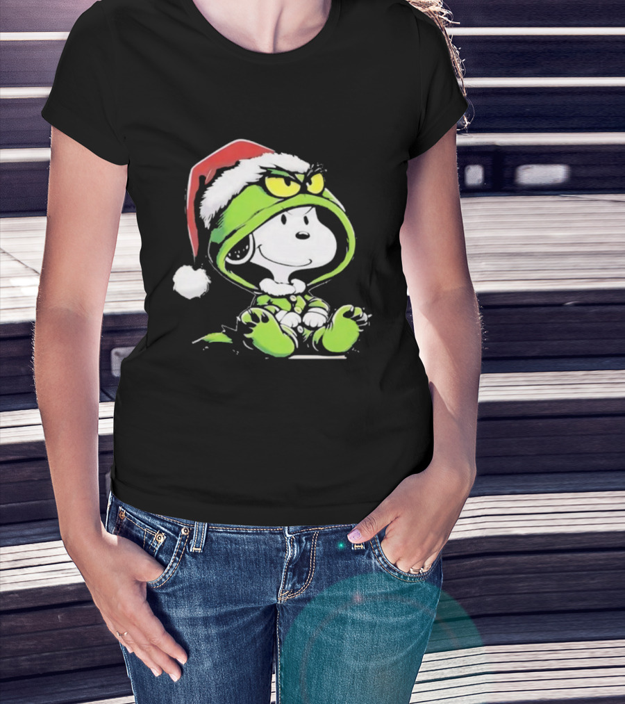Snoopy Grinch Christmas Santa Hat Character Crossover T-Shirt