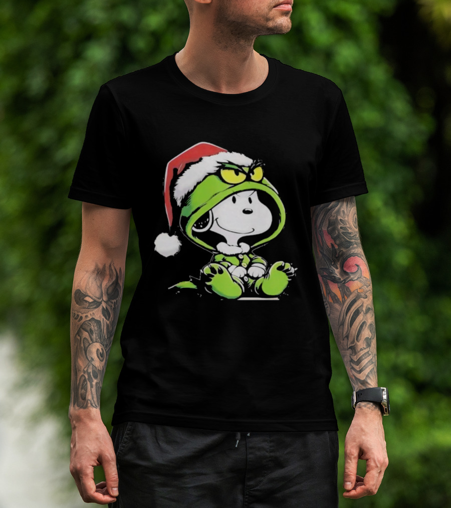 Snoopy Grinch Christmas Santa Hat Character Crossover T-Shirt