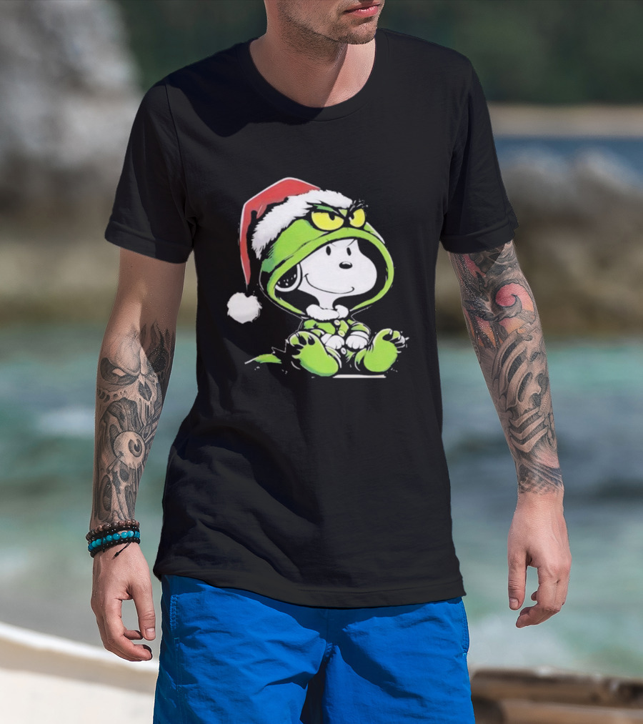 Snoopy Grinch Christmas Santa Hat Character Crossover T-Shirt