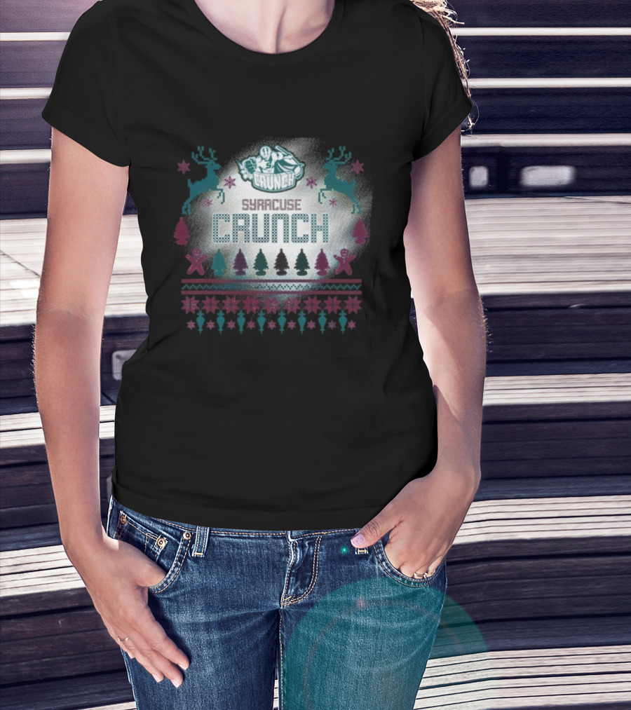 Syracuse Crunch Ugly Christmas Sweater Reindeer Gingerbread Trees T-Shirt