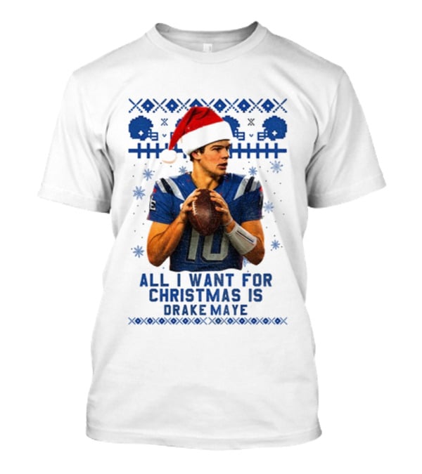 Drake Maye Santa Hat New England Patriots Football Christmas Wishes T-Shirt