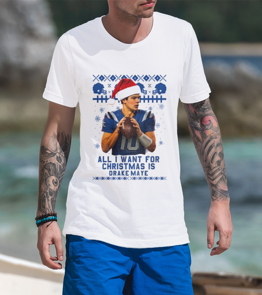 Drake Maye Santa Hat New England Patriots Football Christmas Wishes T-Shirt