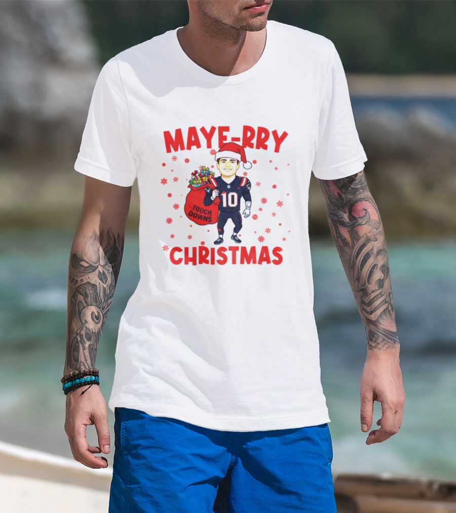 Maye-rry Christmas Drake Maye Santa Hat Touchdowns T-Shirt