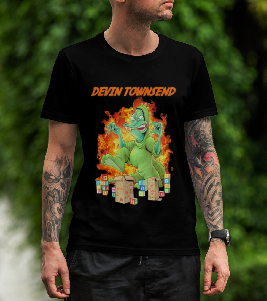 Devin Townsend Godziltoid Cartoon Dinosaur Blocks Fire Design T-Shirt