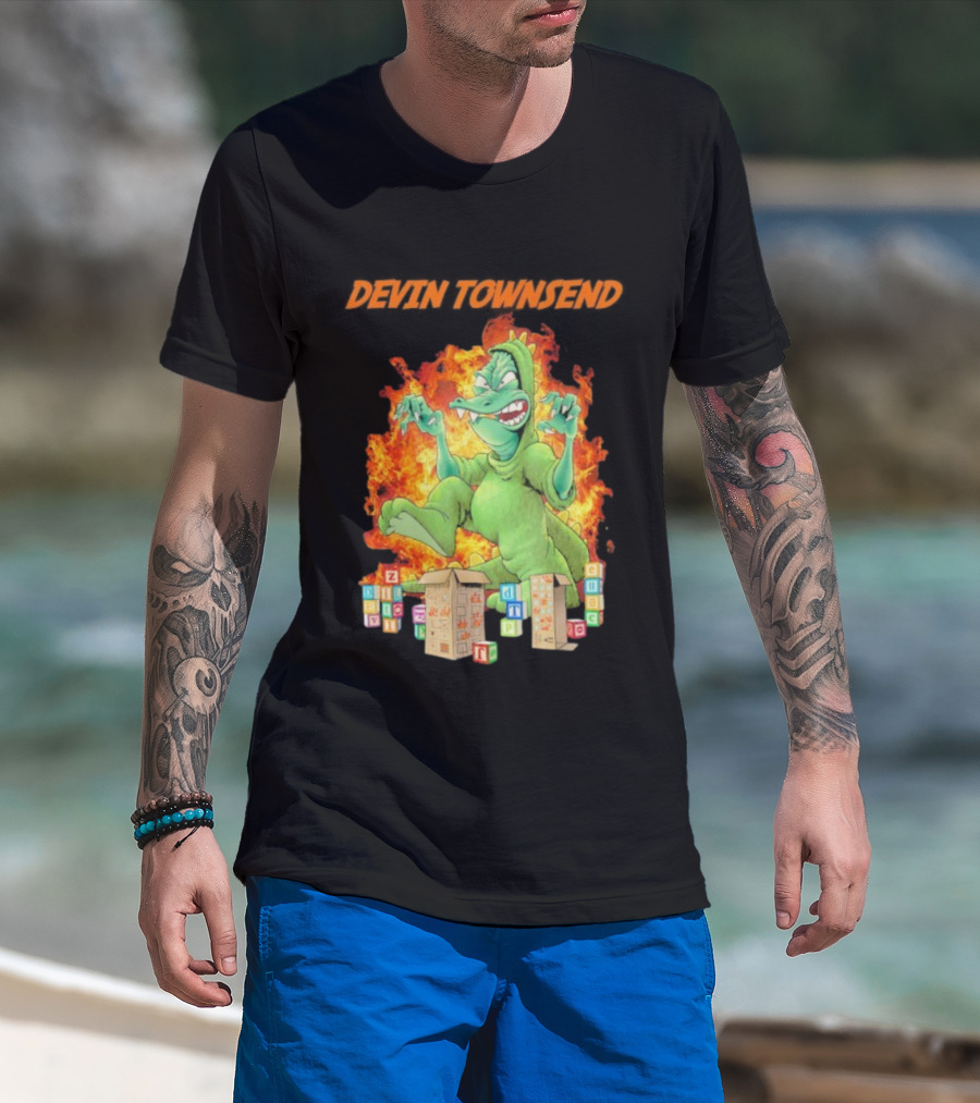 Devin Townsend Godziltoid Cartoon Dinosaur Blocks Fire Design T-Shirt