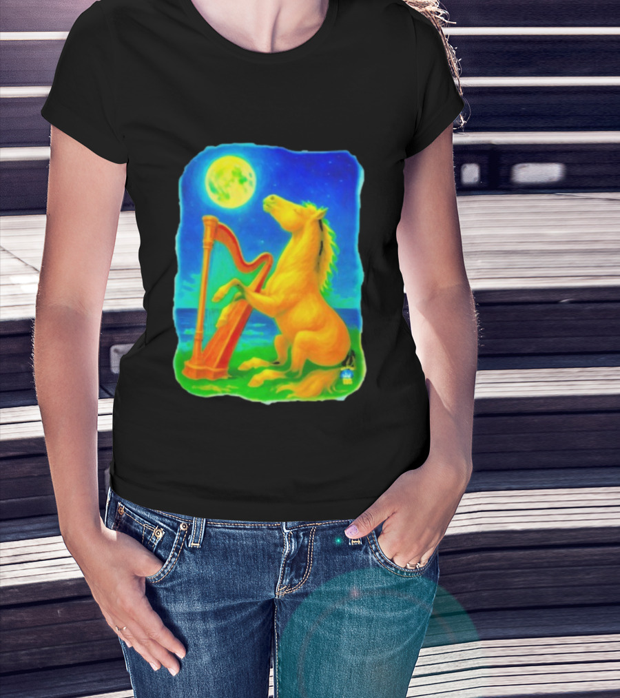 Magical Moonlit Horse Harp Player Fantasy Scene For Horse Lovers T-Shirt
