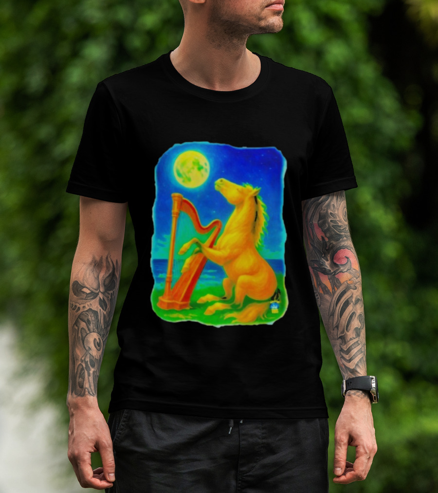 Magical Moonlit Horse Harp Player Fantasy Scene For Horse Lovers T-Shirt