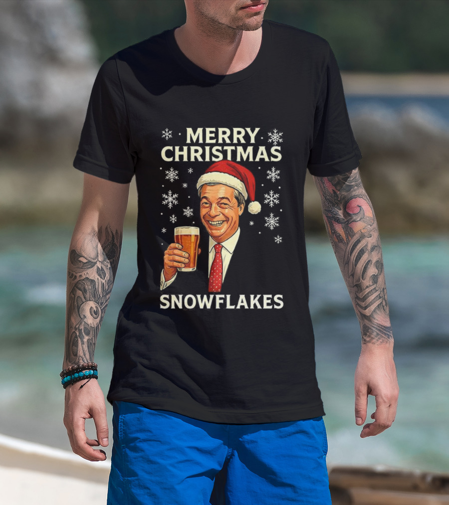 Merry Christmas Snowflakes Nigel Farage Raises His Glass Caricature T-Shirt