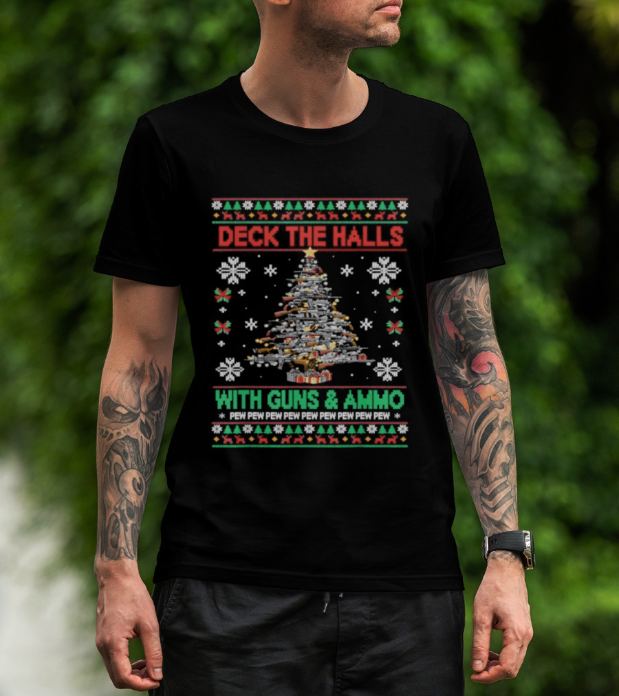 Retro Deck The Halls With Guns And Ammo Funny Christmas Tree Snowflakes Holiday T-Shirt