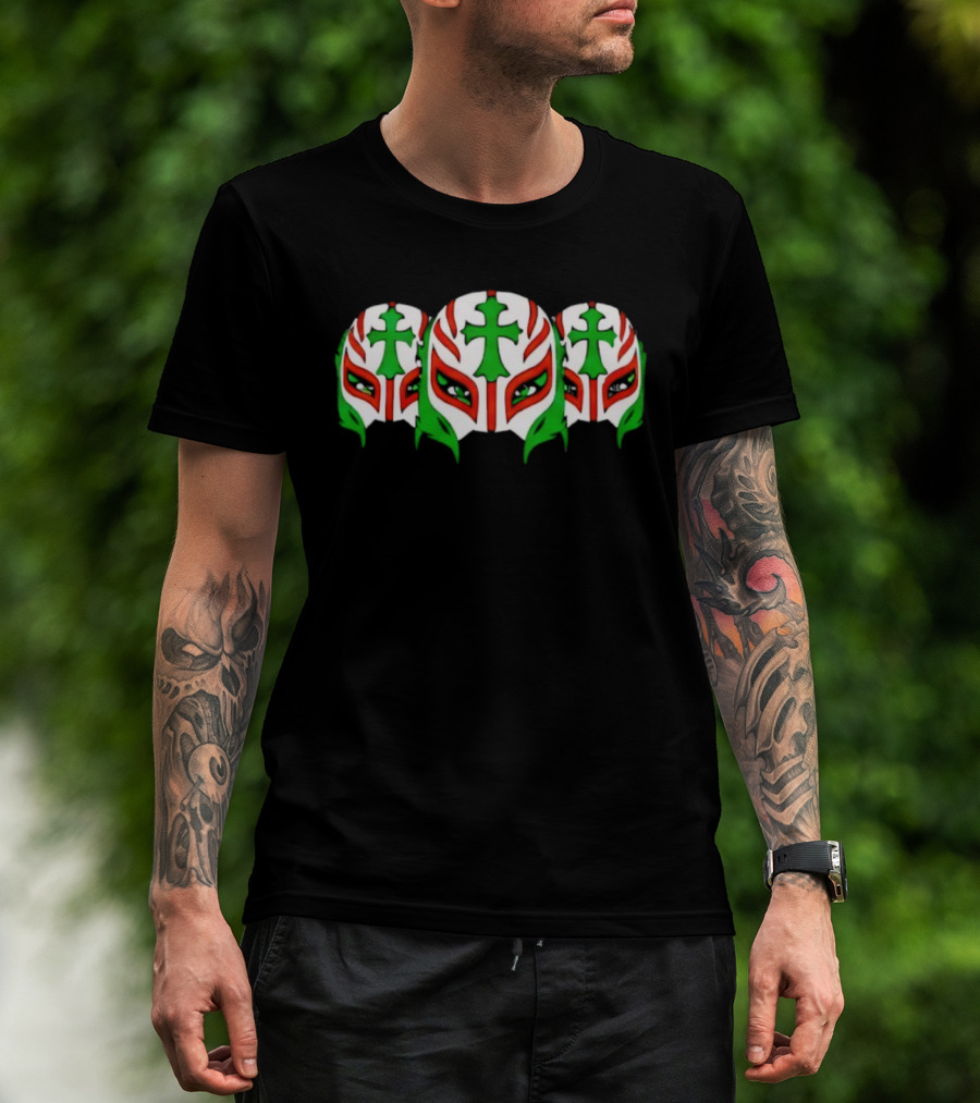 Rey Mysterio Three Mexican Flag Color Masks With Green Cross T-Shirt