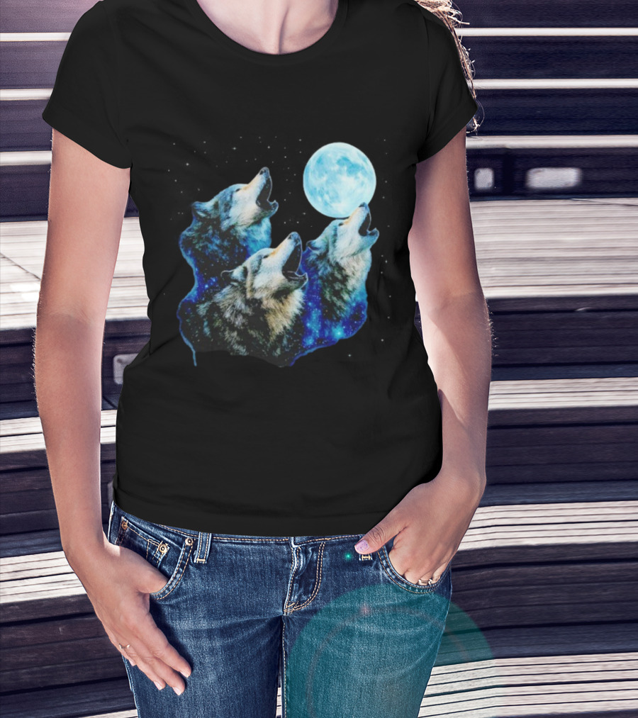 Three Wolves Howling At Cyan Moon Cosmic Night Glow T-Shirt
