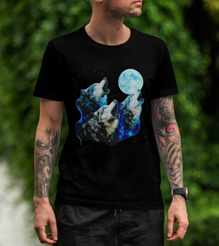Three Wolves Howling At Cyan Moon Cosmic Night Glow T-Shirt