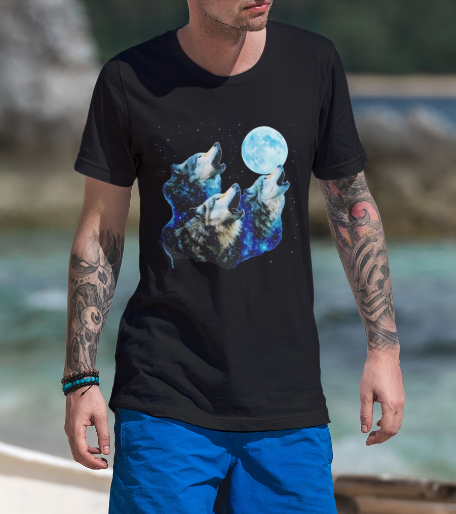 Three Wolves Howling At Cyan Moon Cosmic Night Glow T-Shirt