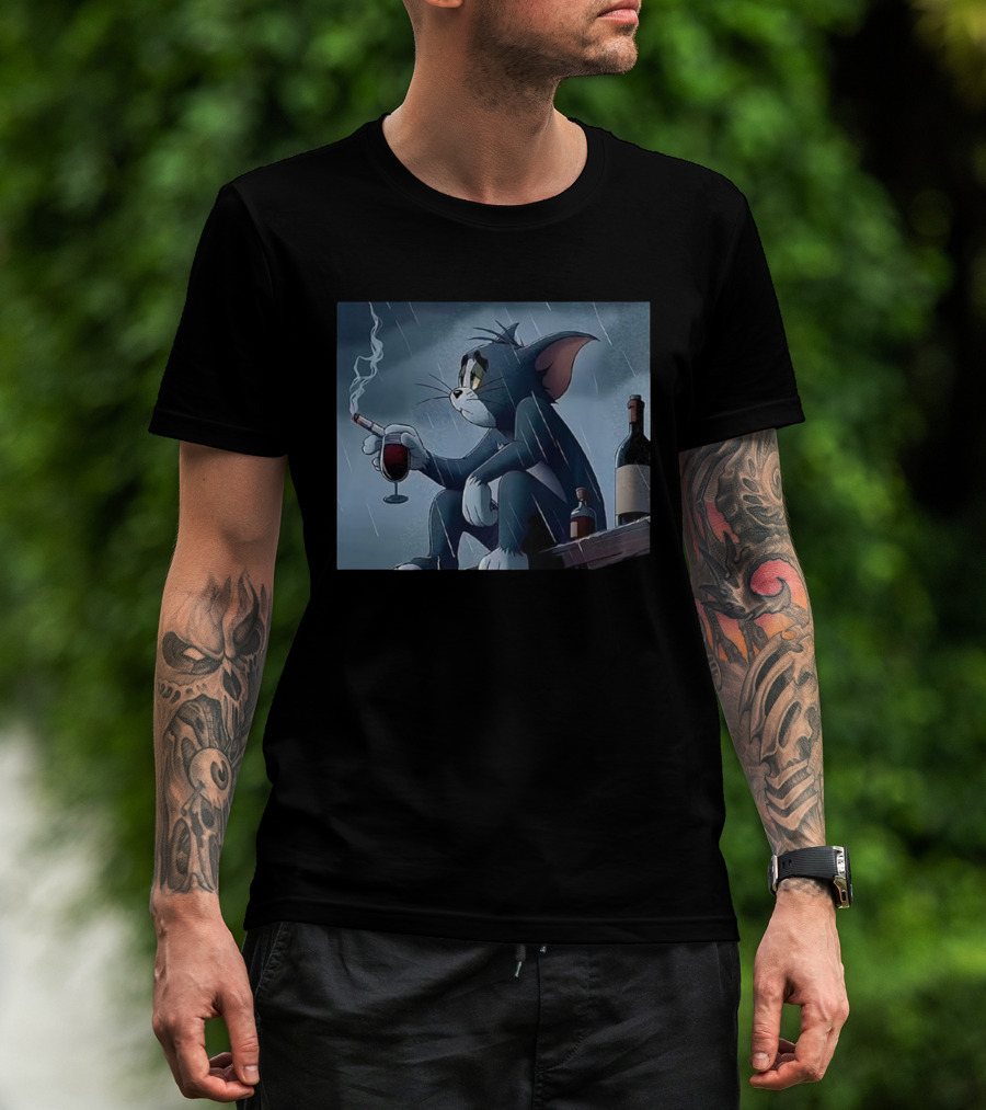 Tom Pensive And Sad Smoking In The Rain With Wine And Bottles T-Shirt